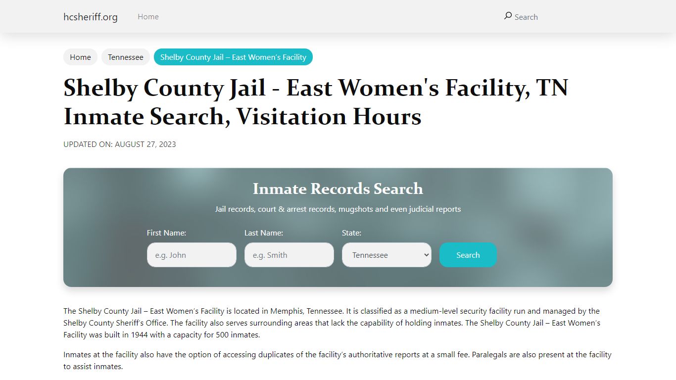 Shelby County Jail - East Women's Facility, TN Inmate Search ...